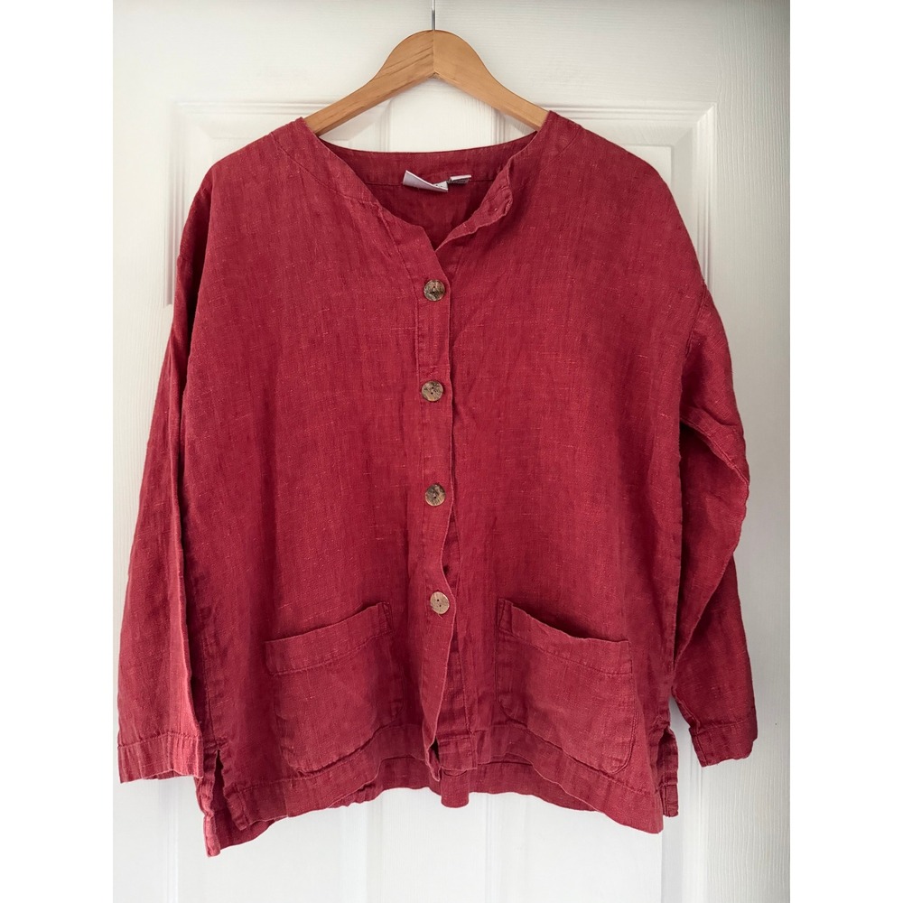 VTG 90s Chico's Linen Button Down Red Blouse Fall Layered Cozy Cottage Lagenlook